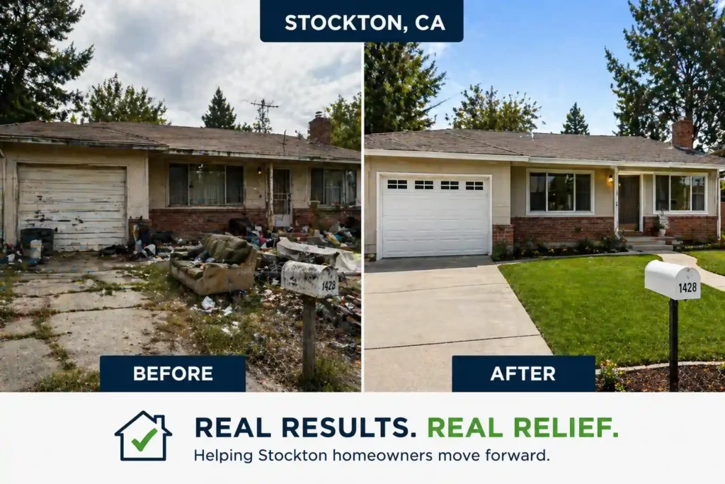 before and after of a 1960s stockton ca house sold as is to a cash home buyer showing full property transformation