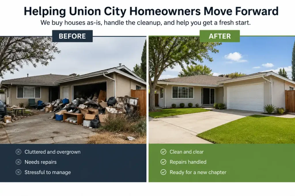 before and after of a union city ca house sold as is to a cash home buyer showing full home transformation. Sell my house fast.