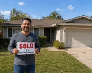 happy union city ca homeowner holding sold sign in front of slightly dated house after a sell my house fast cash home buyer sale
