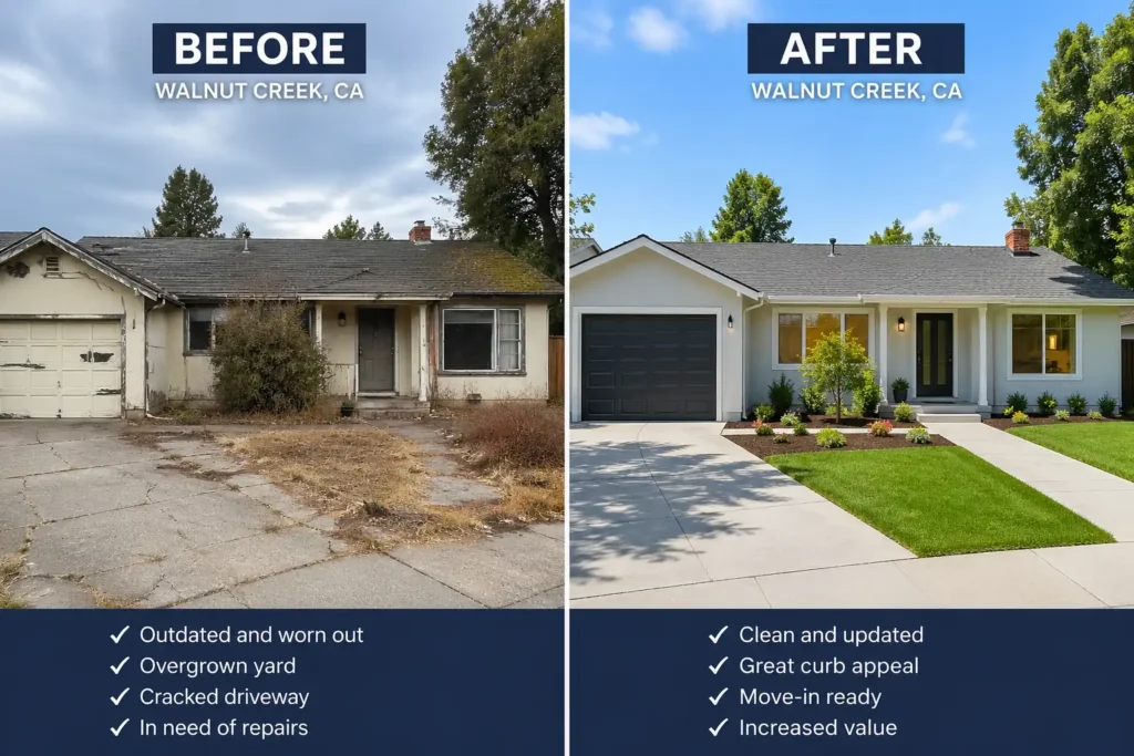 before and after home transformation walnut creek ca we buy houses as is cash buyer distressed property renovation comparison