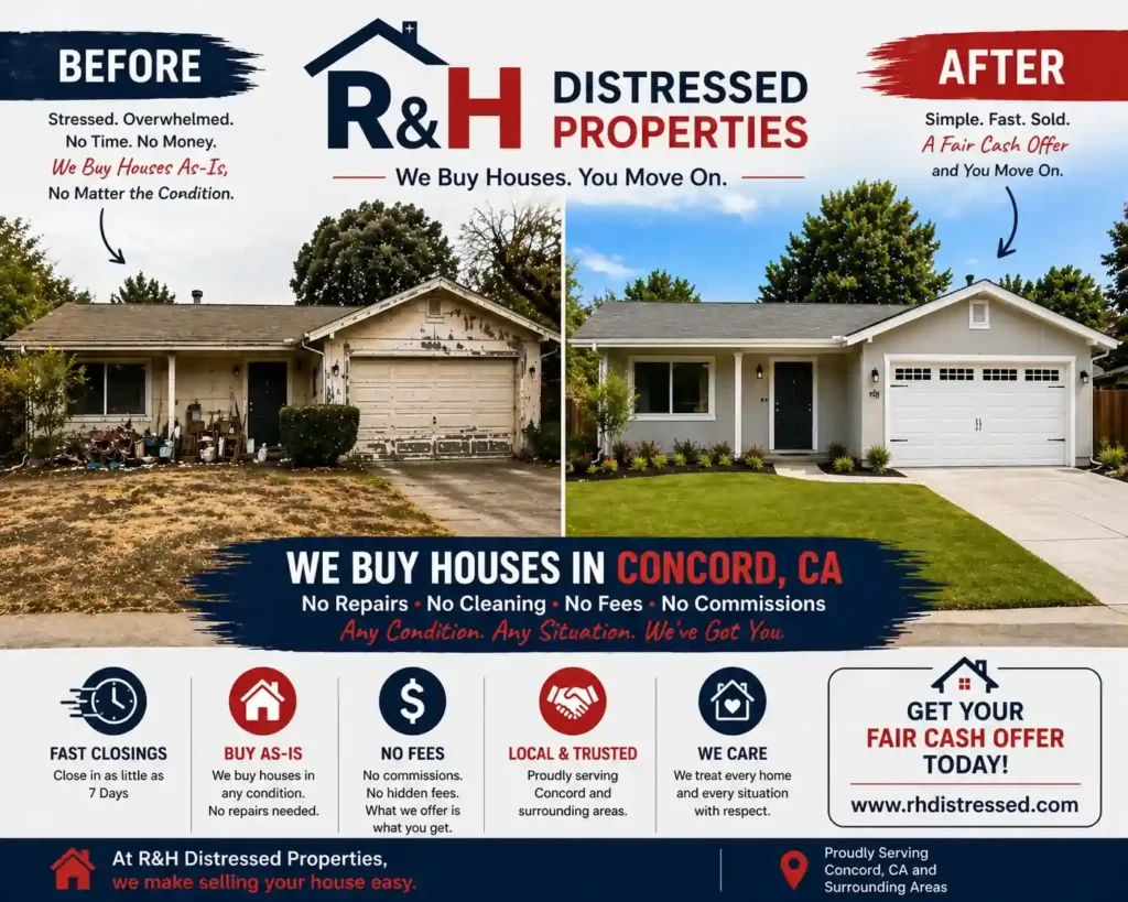 Before and after image of a distressed Concord California home transformed into a clean updated property by R&H Distressed Properties showing a fast as is home sale with no repairs or fees
