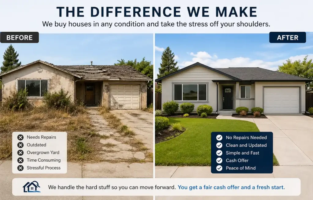 before and after house transformation in milpitas california showing how we buy houses as is and help homeowners sell their house fast for cash