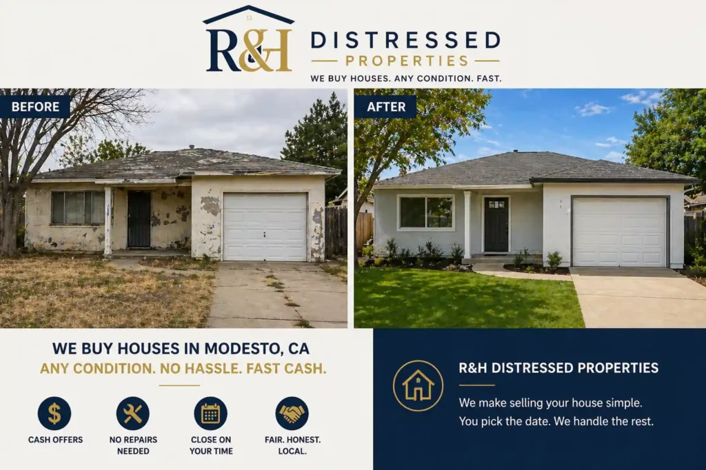 Before and after image of a Modesto CA house showing a distressed property turned into a clean updated home, representing how homeowners can sell their house fast or sell my house fast as is for cash with R&H Distressed Properties