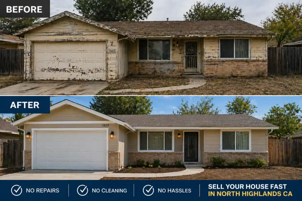 before and after home in North Highlands CA showing house sold as is fast without cleaning repairs or delays