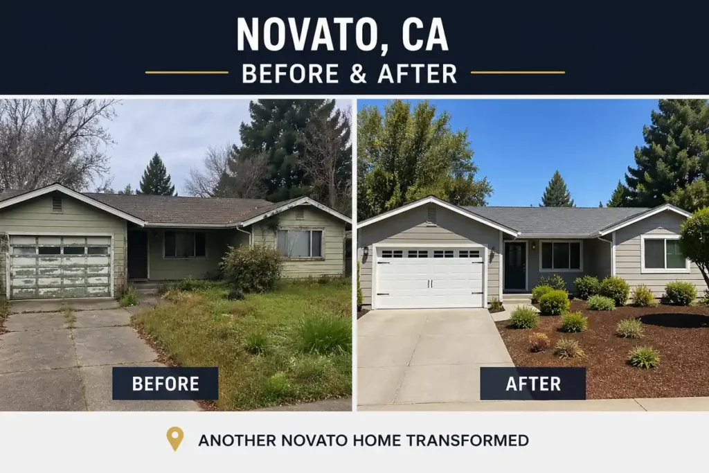 before and after home in Novato CA showing distressed property transformed into a clean updated house by we buy houses cash buyer