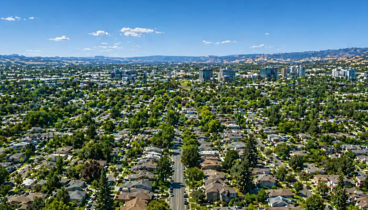 aerial view of santa clara ca neighborhoods with subtle dark overlay for heading text sell my house fast santa clara cash home buyers