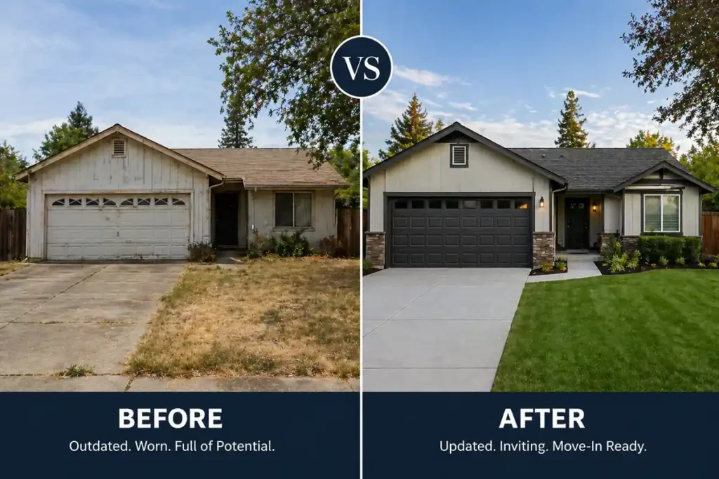 We buy houses Vacaville CA example showing before and after of an older home improved after sale
