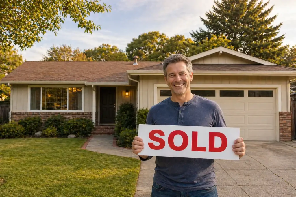 we buy houses Walnut Creek CA happy homeowner holding sold sign in front of 1970s ranch style home
