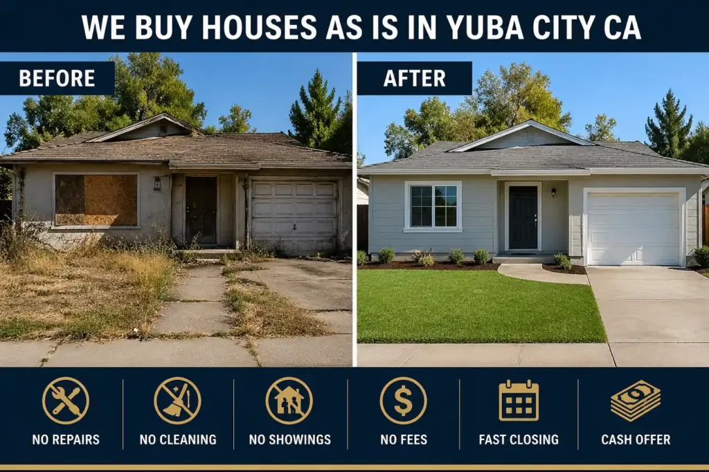 Before and after home transformation in Yuba City CA showing we buy houses as is and help homeowners sell fast without repairs or cleaning