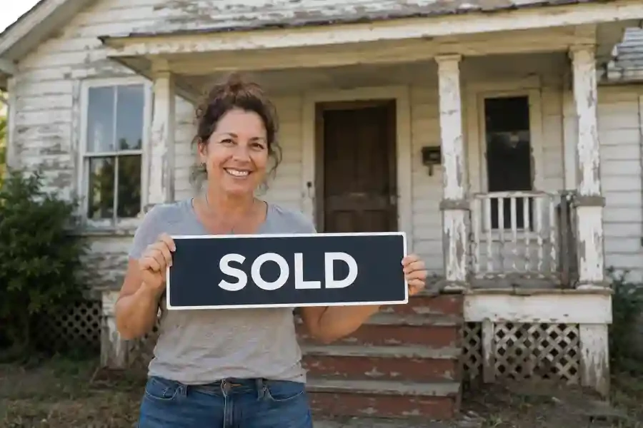 Happy Benicia CA homeowner holding sold sign after selling house fast to local cash home buyers at R&H Distressed Properties