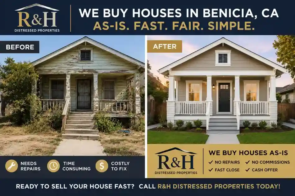 Benicia CA we buy houses before and after image showing distressed home transformation by R&H Distressed Properties cash home buyers