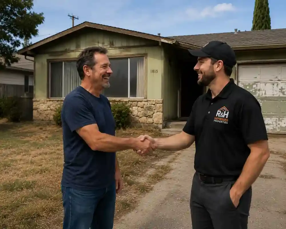 Happy homeowner receiving a cash for homes offer from R&H Distressed Properties in front of a 1970s fixer upper house in Antioch CA