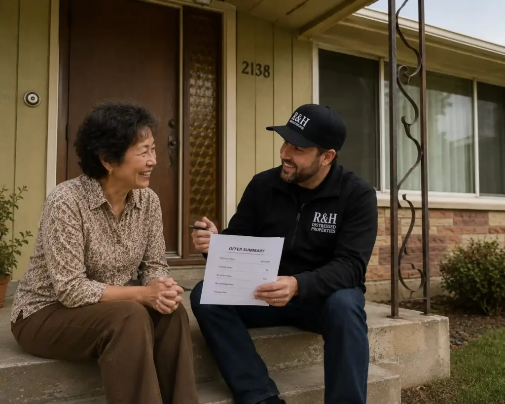 Happy Berkeley homeowner sitting on porch with R&H Distressed Properties reviewing a cash for homes offer outside a dated 1970s California house.