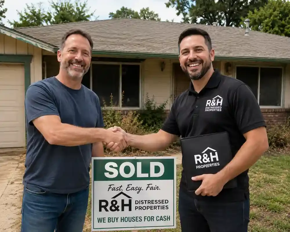 Happy Carmichael homeowner shaking hands with R&H Distressed Properties outside a fixer upper house after accepting a cash for homes offer in Carmichael CA