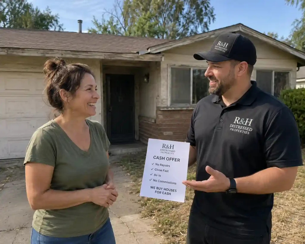 Happy Citrus Heights homeowner reviewing a cash for homes offer with R&H Distressed Properties outside a fixer upper house in California.