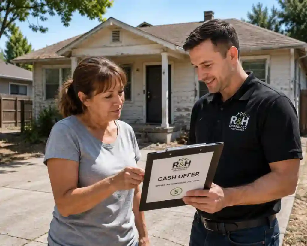Cash for houses Marysville CA. Seller reviewing a cash offer with R&H Distressed Properties outside a distressed house during a fast home sale consultation.