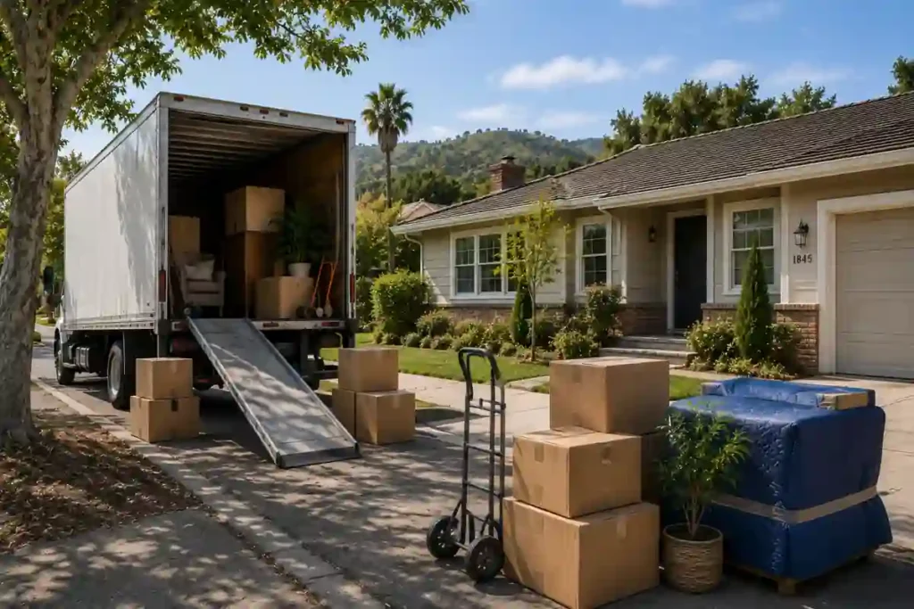 Cash for homes Morgan Hill CA moving day outside an original condition house with local cash home buyer solution
