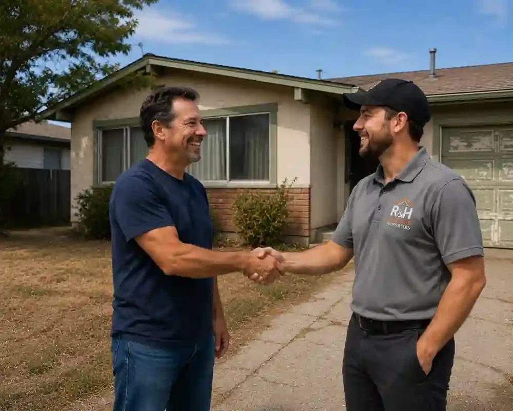 Happy Newark CA homeowner receiving a cash for homes offer from R&H Distressed Properties in front of a fixer upper house without repairs or realtor fees