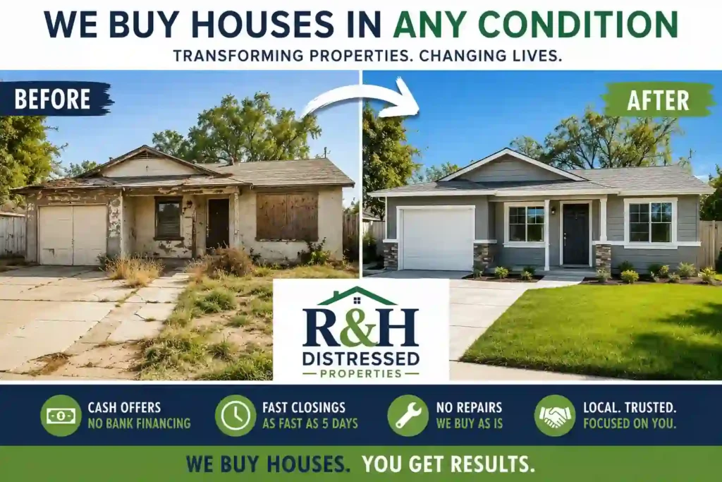 Cash for homes Turlock CA before and after fixer upper house transformation by R&H Distressed Properties with fast cash home buying services