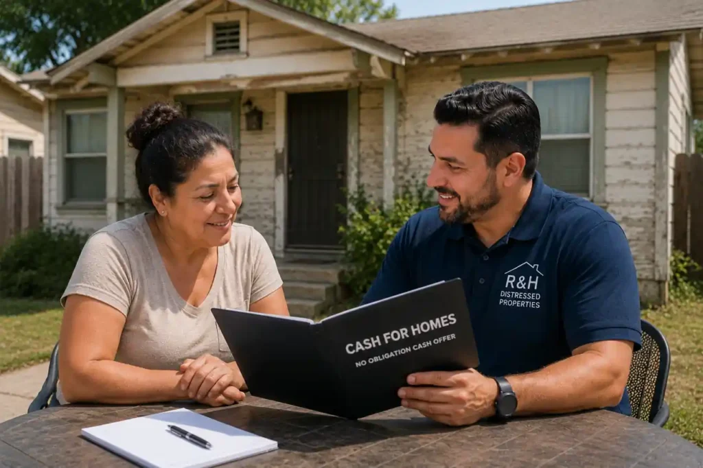 Cash for homes in Visalia CA consultation outside original condition house with R&H Distressed Properties discussing a fair cash offer with homeowner