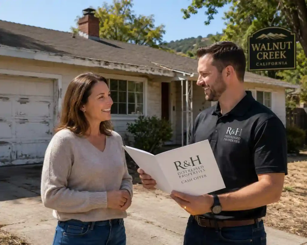 Happy Walnut Creek homeowner reviewing a cash offer with R&H Distressed Properties outside a fixer upper house in Walnut Creek CA after selling as is for cash