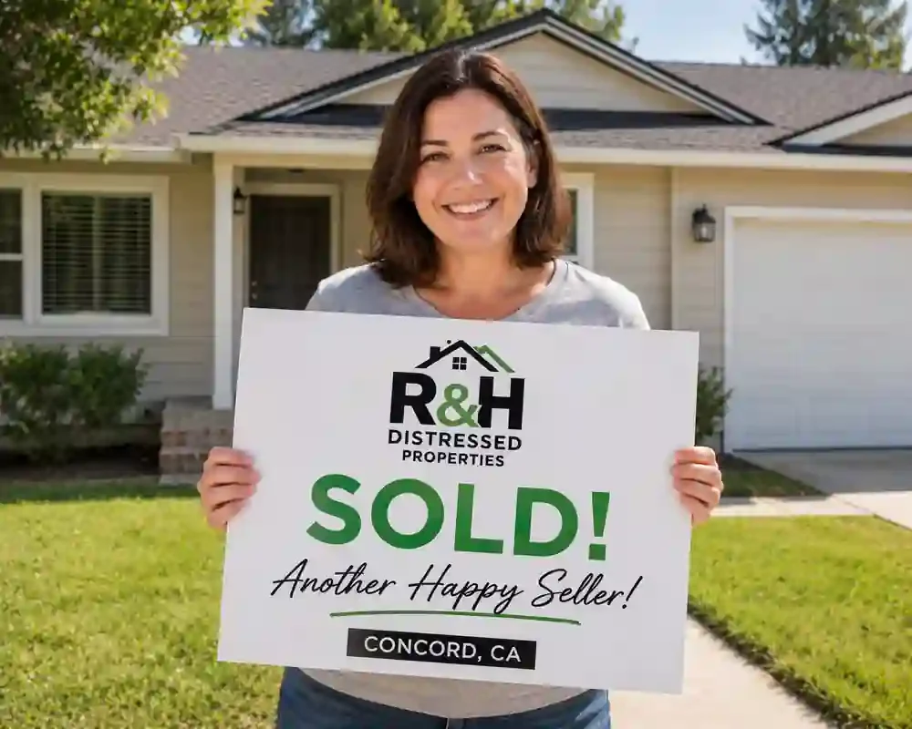 Cash for houses Concord CA happy seller holding a sold sign after selling a house fast to R&H Distressed Properties.