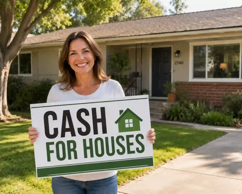 cash for houses East Sacramento CA happy home seller holding sold sign outside a East Sacramento home