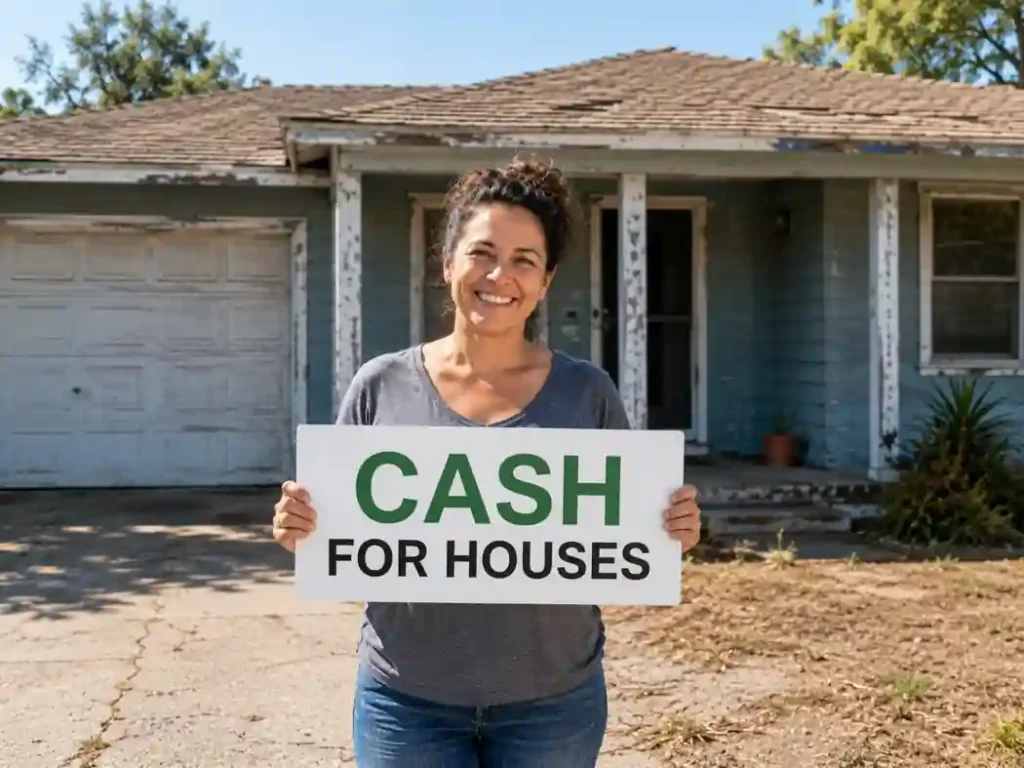 Cash for houses in Hercules CA homeowner holding a sign outside a fixer upper home after selling the property fast for cash in as is condition.