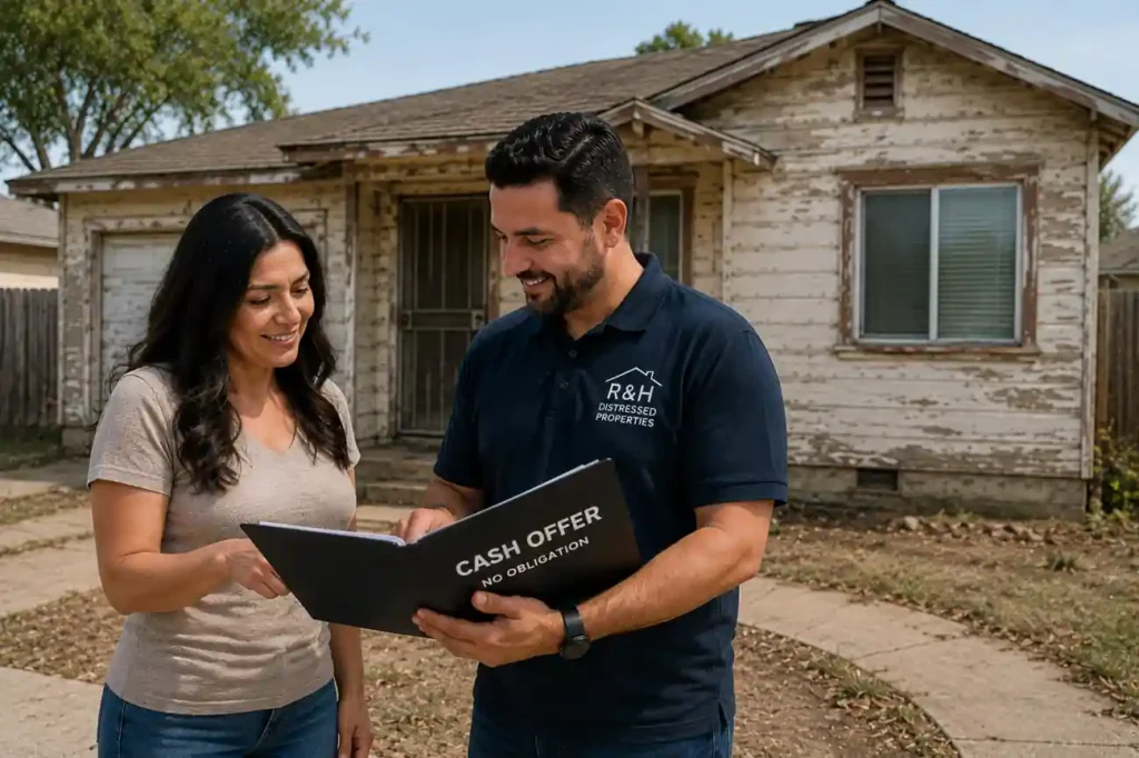 Cash for houses in Merced CA consultation outside distressed property with R&H Distressed Properties reviewing fair cash offer with homeowner