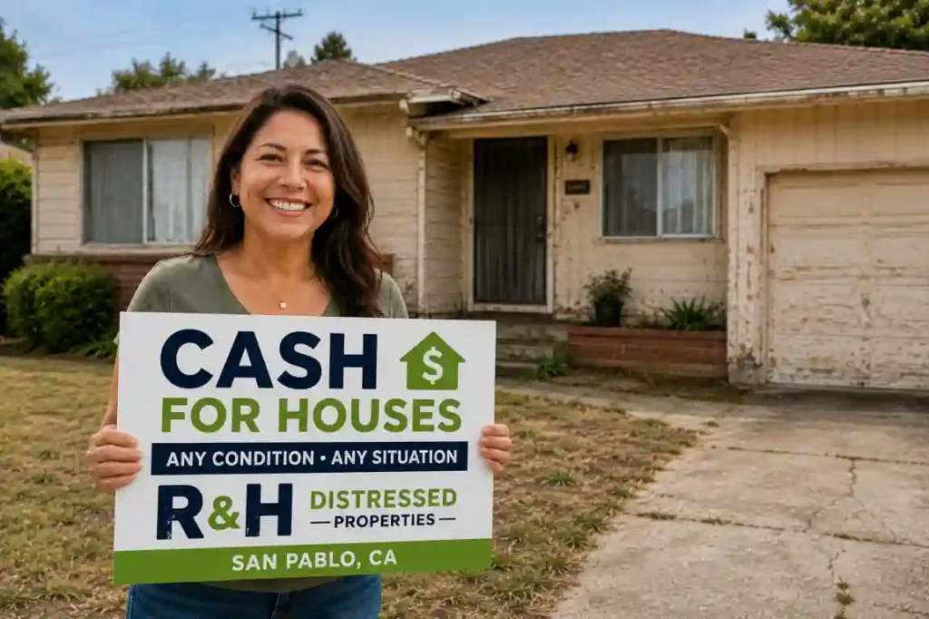 Cash for houses in San Pablo CA with a happy homeowner holding a sold sign outside of a fixer upper house after selling her home to R&H Distressed Properties for cash