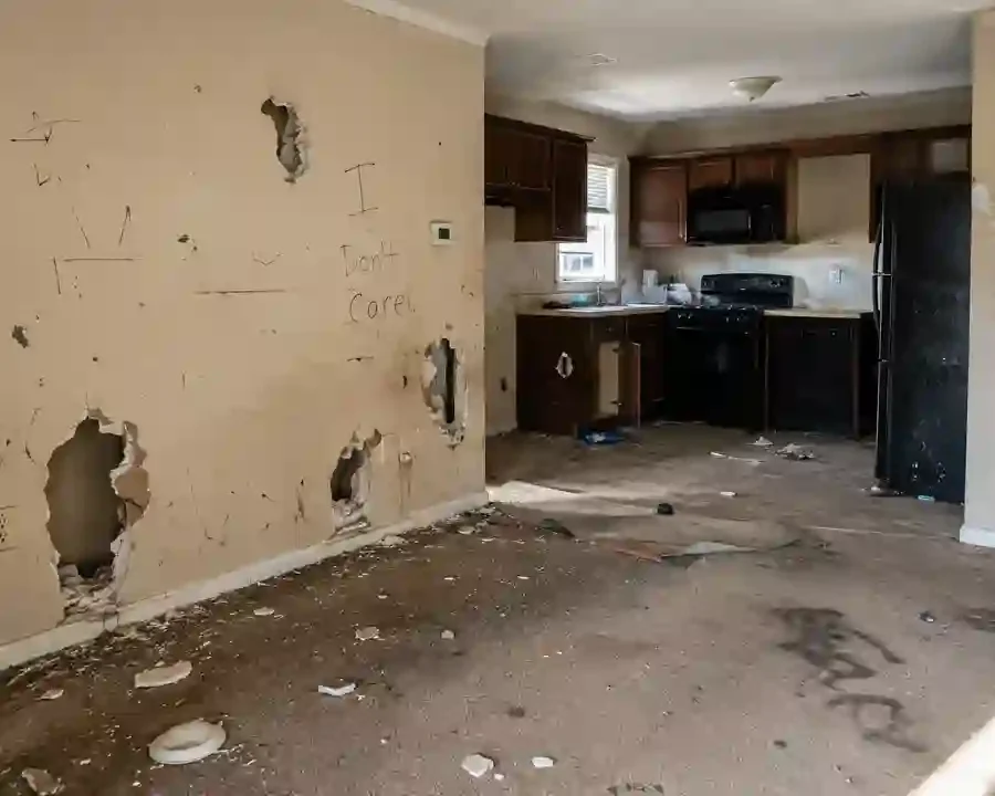 Cash for houses Turlock CA tenant damage scene showing destroyed rental property interior with wall damage, debris, and distressed condition home ready for a fast cash sale