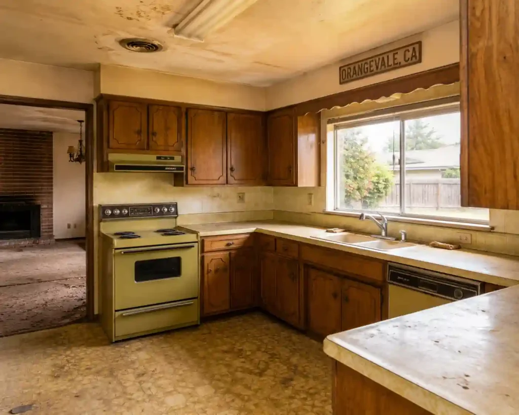 1970s fixer upper kitchen in Orangevale CA with outdated wood cabinets, old appliances, worn countertops, and dated flooring in an as is house needing repairs for a cash home sale