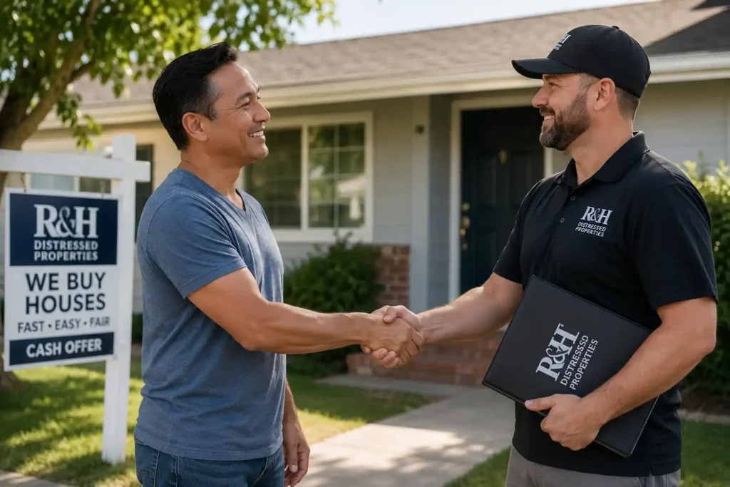 San Jose cash home buyer from R&H Distressed Properties shaking hands with a happy homeowner after a fast as-is house sale in California