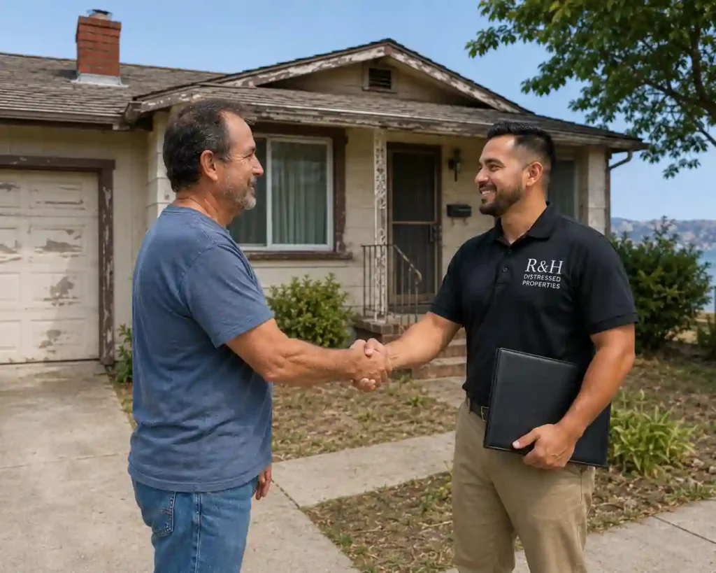 Cash home buyers in Benicia CA shaking hands with homeowner outside original condition house after agreeing to a fair cash offer