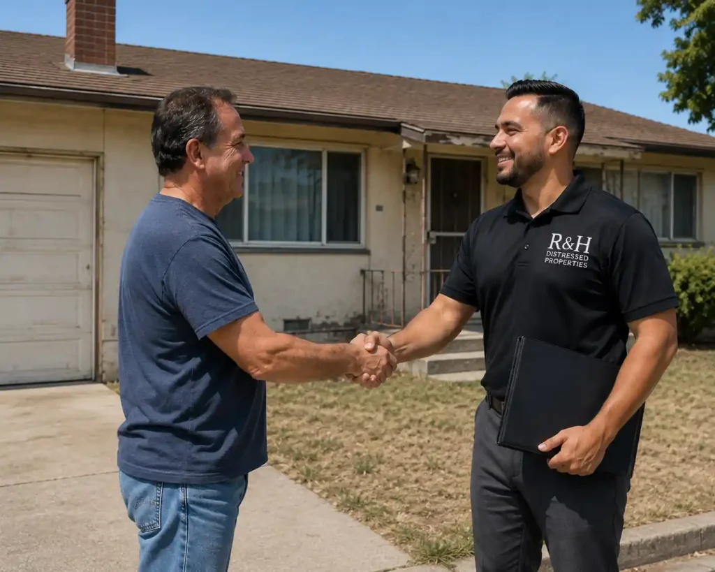 Cash home buyers in Concord CA shaking hands with homeowner outside original condition house after agreeing to a fair cash offer