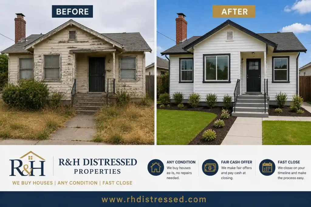 before and after Emeryville California house transformation by R&H Distressed Properties cash home buyers with distressed home renovation comparison