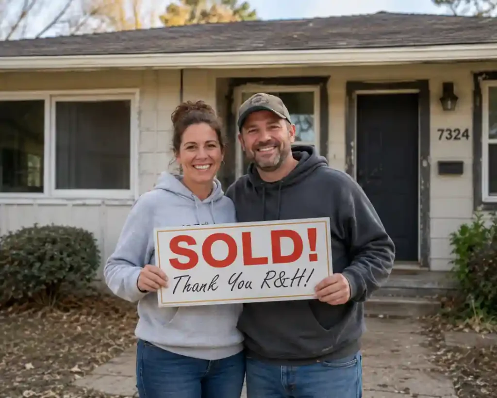 cash home buyers Fair Oaks CA happy home seller holding sold sign in front of a dated house after a fast cash home sale with R&H Distressed Properties
