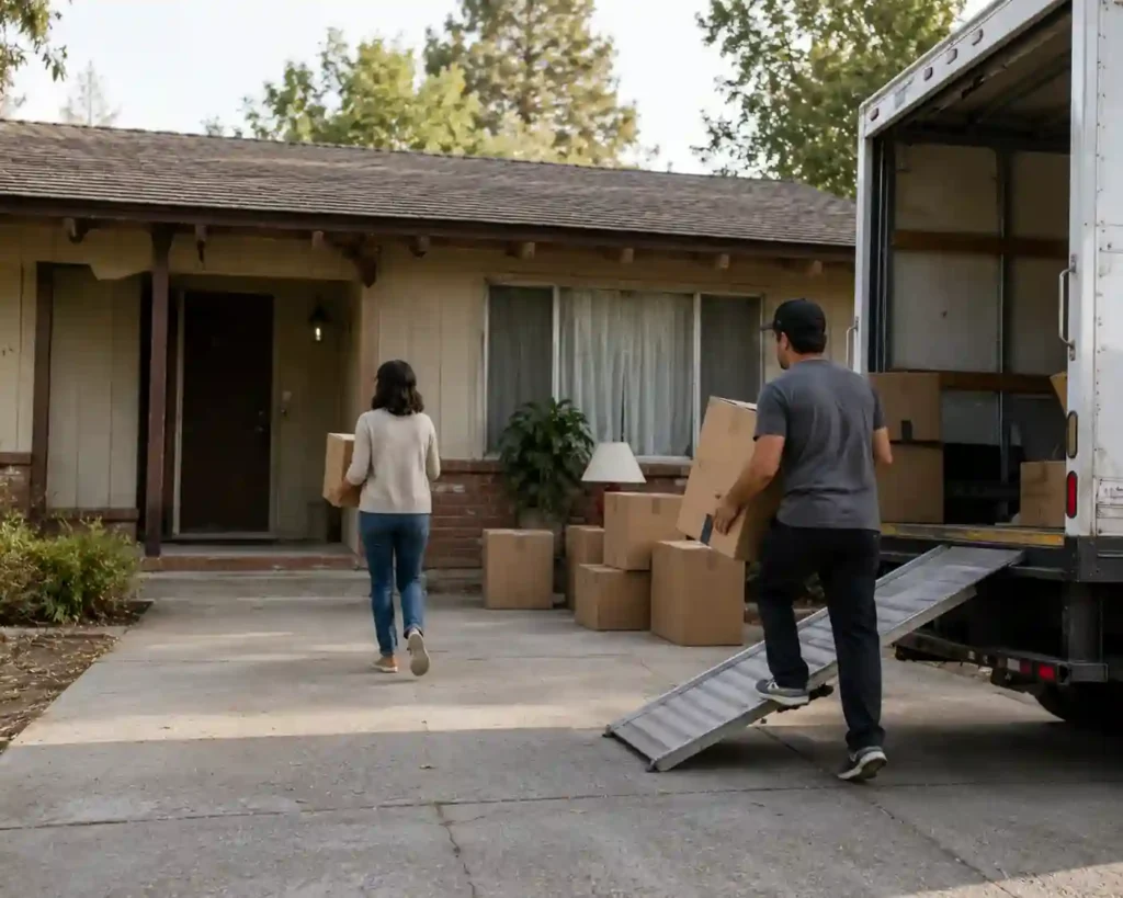 Moving day outside a dated home in Folsom with boxes and a moving truck as local cash home buyers help homeowners sell their house fast for cash.