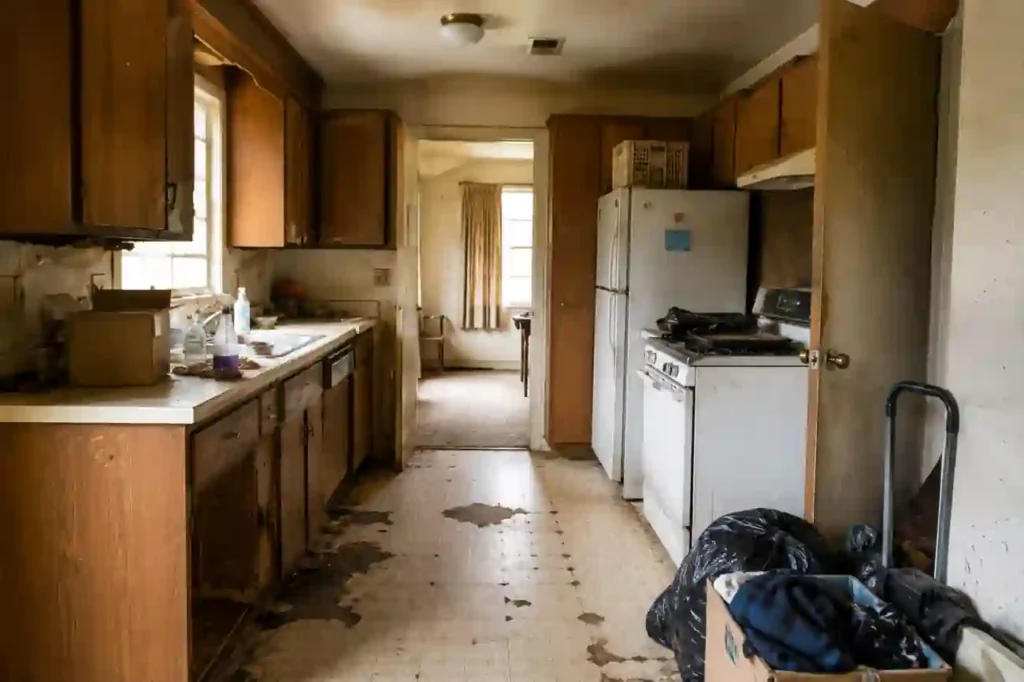 cash home buyers Hayward CA interior distressed property image showing an outdated kitchen with old cabinets, worn flooring, and cluttered condition for as is home sale and repair heavy property marketing by R&H Distressed Properties