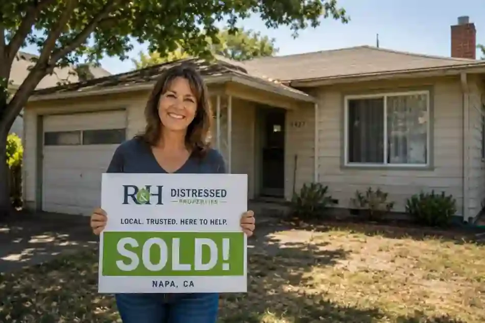 Happy Napa CA homeowner holding sold sign outside original condition house after working with local cash home buyers to sell quickly without repairs or agent fees