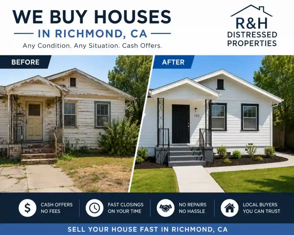 Cash home buyers in Richmond CA before and after house transformation by R&H Distressed Properties showing distressed home renovated into bright modern property