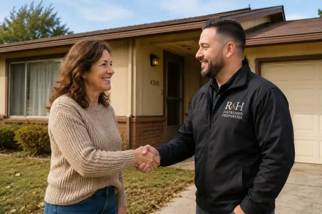 Cash home buyers in Sacramento shaking hands with a happy homeowner in front of a dated 1970s style house after a fast cash home sale with R&H Distressed Properties.