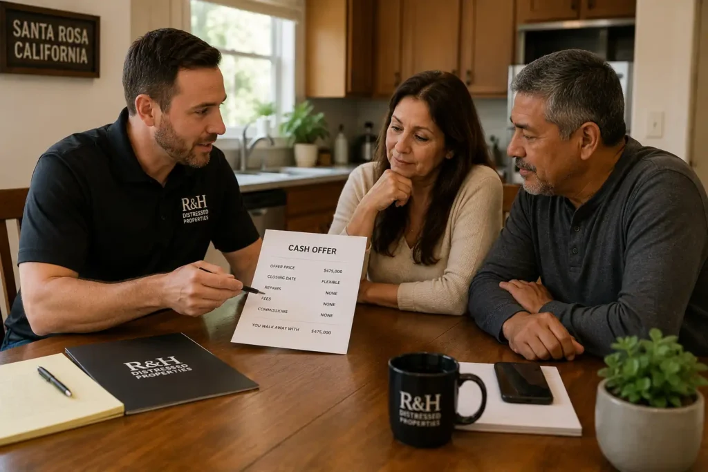 Cash home buyers in Santa Rosa CA explaining a fair cash offer to local homeowners at a kitchen table with R&H Distressed Properties.