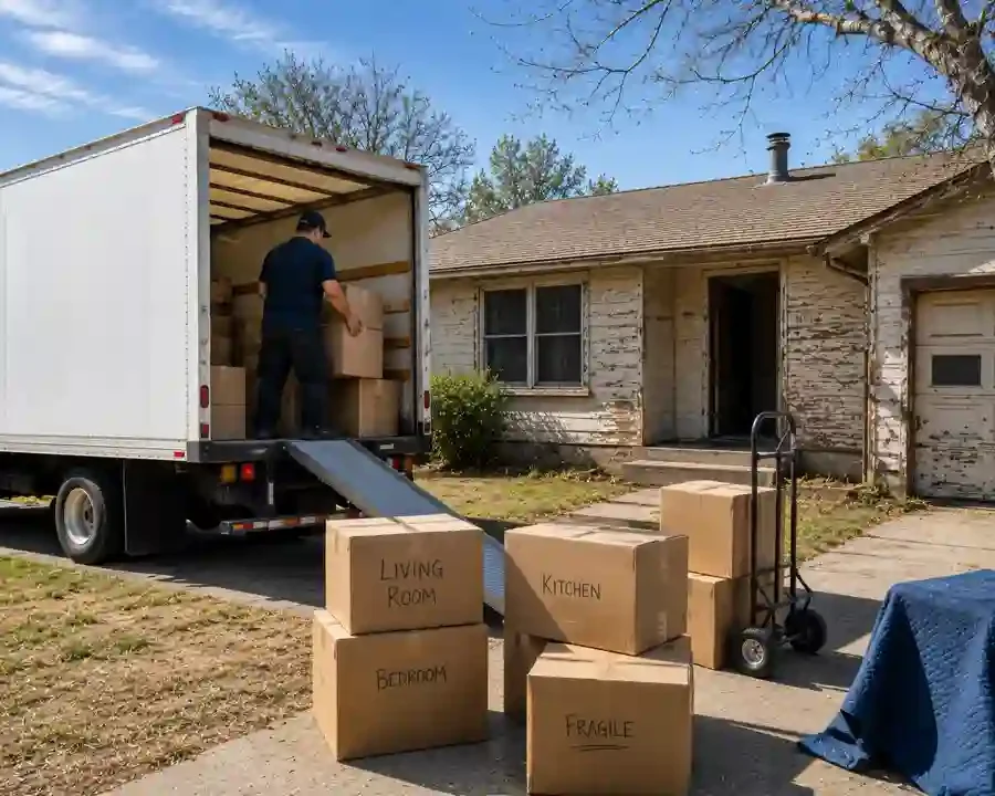 Cash home buyers Turlock CA moving truck loading labeled moving boxes outside of a fixer upper house during a fast cash home sale and relocation process