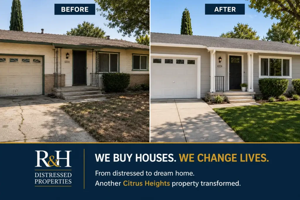 Sell your house fast in Citrus Heights CA with before and after home renovation example from R&H Distressed Properties cash home buyers