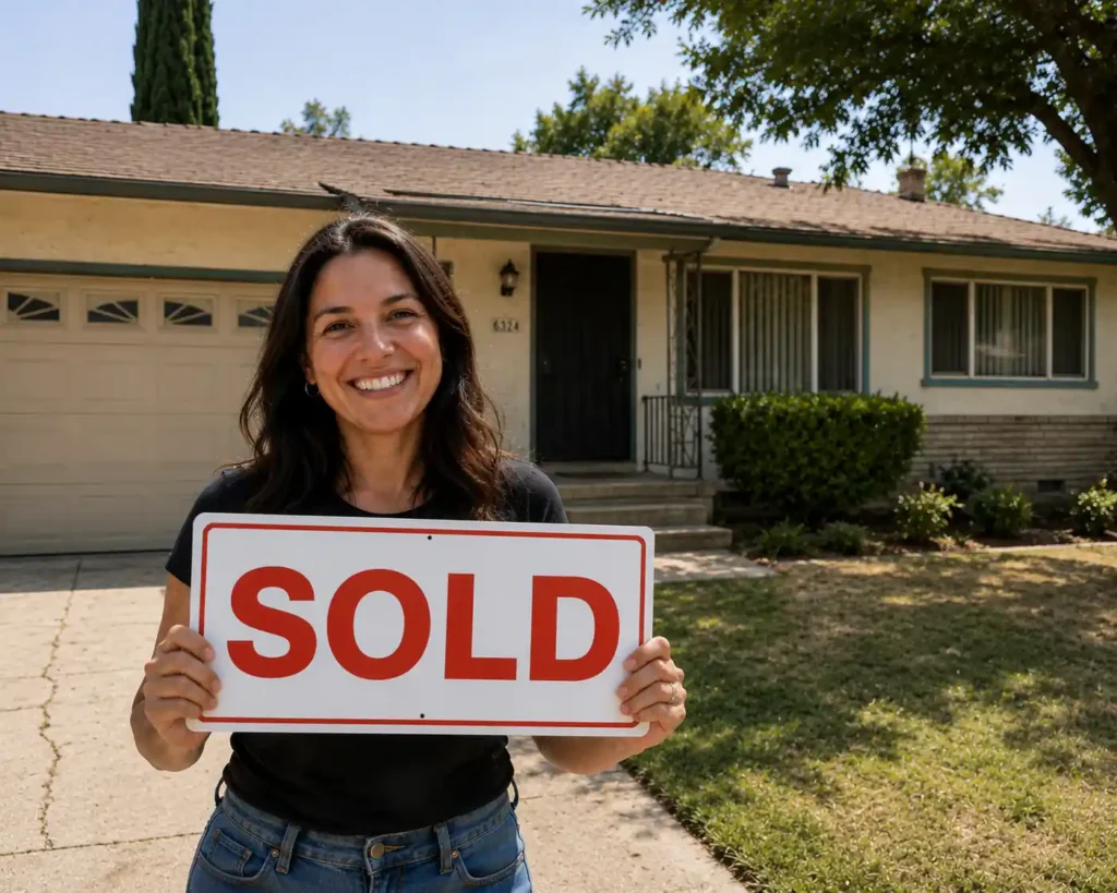 Happy Citrus Heights homeowner holding a sold sign outside of an original condition ranch style house after a fast cash home sale by R&H Distressed Properties