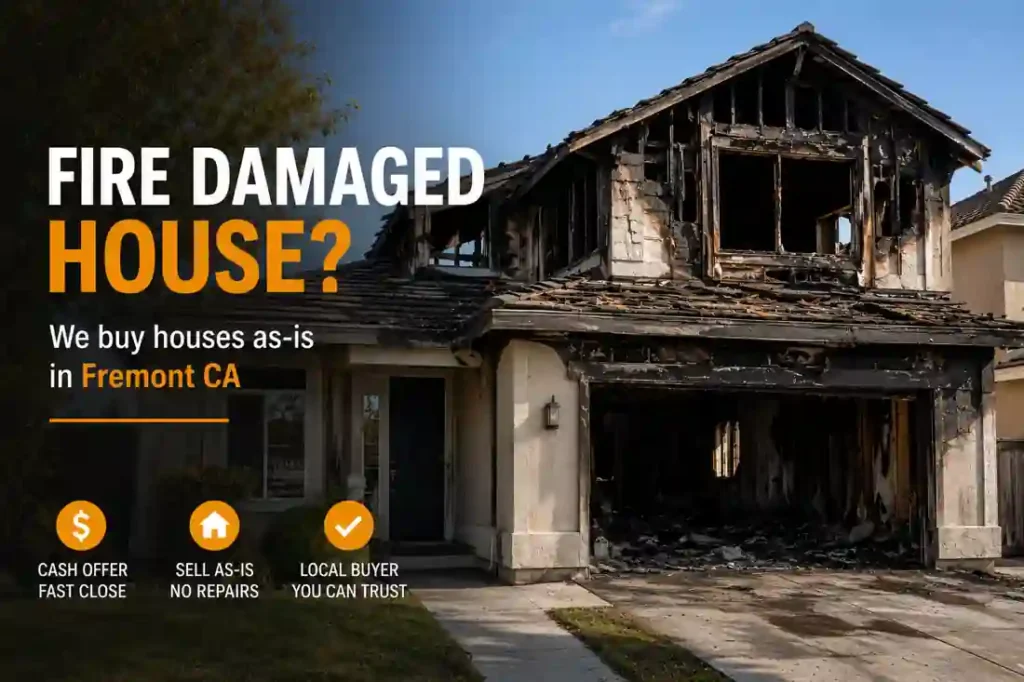 Fire damaged house in Fremont CA with severe roof and garage fire damage sold as is for cash