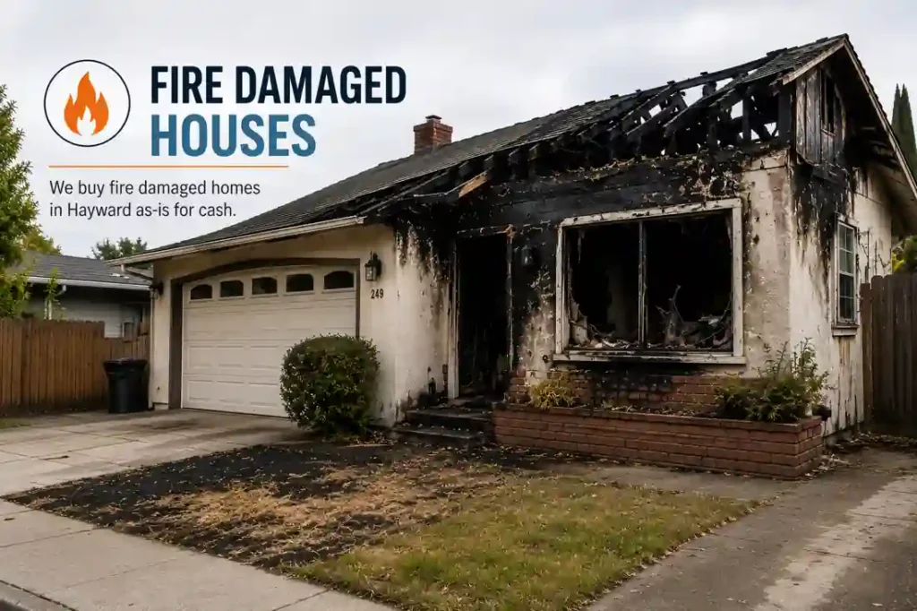 Fire damaged house in Hayward CA with burned roof and smoke damage sold as is for cash