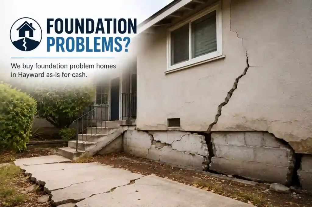 Foundation problem house in Hayward CA with large wall cracks and structural damage