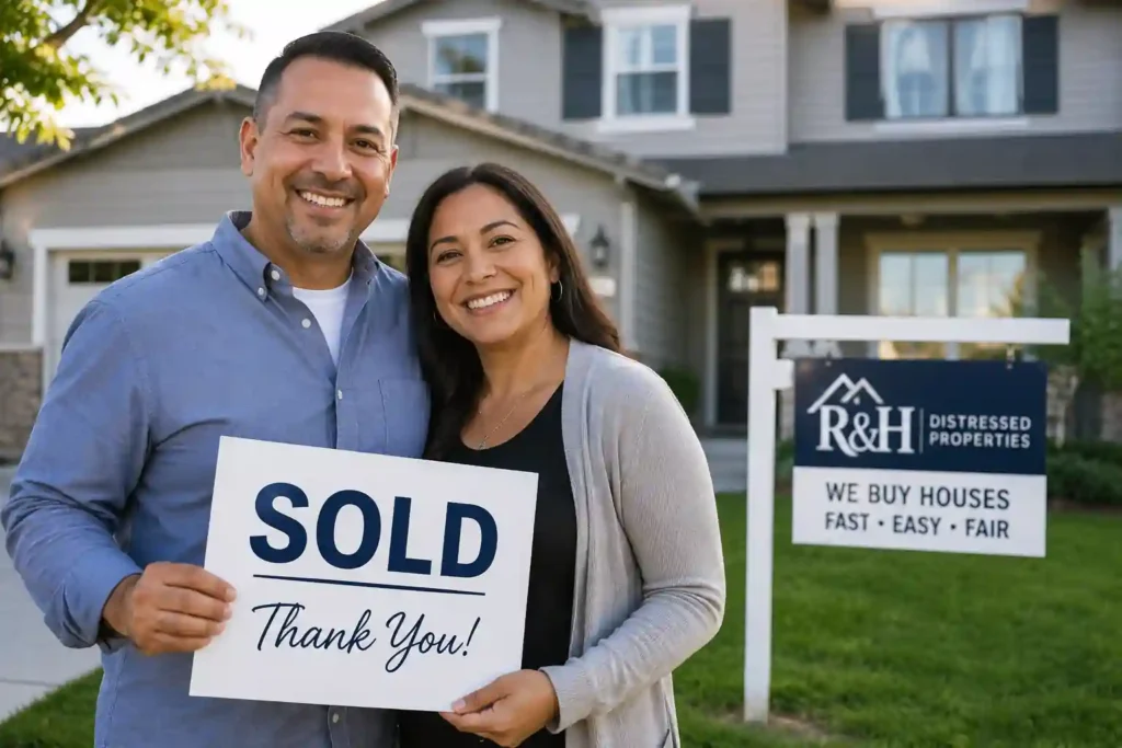 Happy homeowners holding a sold sign after selling their house fast in Quail Lakes Stockton California to local cash home buyers R&H Distressed Properties